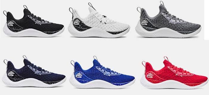 Side view of six pairs of Stephen Curry's Under Armour shoes.