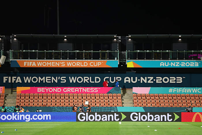 A photo showing FIFA Women's World Cup signage on display at Waikato Stadium in New Zealand ahead of a group game between Switzerland and Norway in July 2023