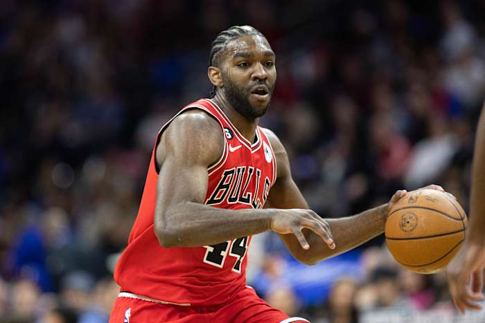 Mar 20, 2023; Philadelphia, Pennsylvania, USA; Chicago Bulls forward Patrick Williams (44) dribbles the ball against the Philadelphia 76ers during the third quarter at Wells Fargo Center.