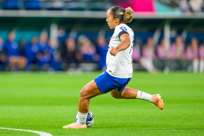 Lauren James pictured scoring for England in a 1-0 win over Denmark during the 2023 FIFA Women's World Cup group stage