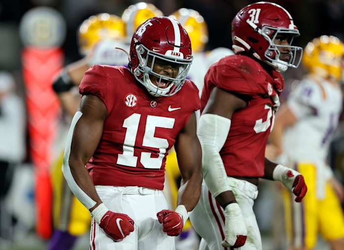 Nov 6, 2021; Tuscaloosa, Alabama, USA; Alabama Crimson Tide linebacker Dallas Turner (15) celebrates after a sack against the LSU Tigers during the second half at Bryant-Denny Stadium.