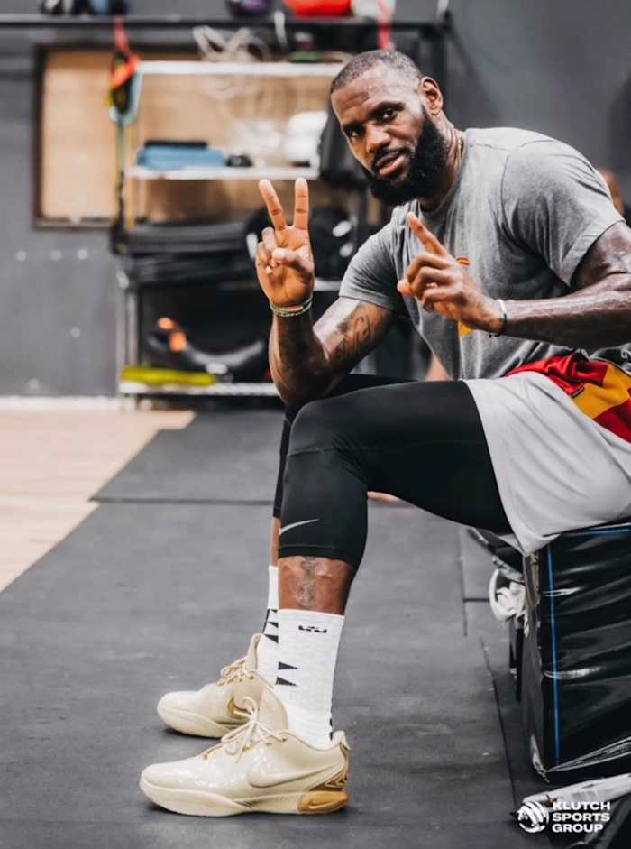 LeBron James poses for a picture after a workout.