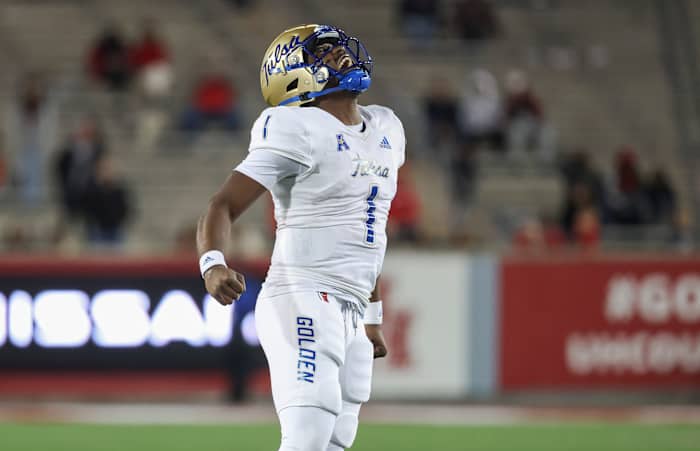 Nov 26, 2022; Houston, Texas, USA; Tulsa Golden Hurricane quarterback Braylon Braxton (1) celebrates on the field after the Golden Hurricane defeated the Houston Cougars at TDECU Stadium. Mandatory Credit: Troy Taormina-USA TODAY Sports