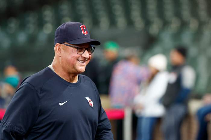 Mar 31, 2023; Seattle, Washington, USA; Cleveland Guardians manager Terry Francona (77) watches batting practice before a game against the Seattle Mariners at T-Mobile Park. Mandatory Credit: Joe Nicholson-USA TODAY Sports