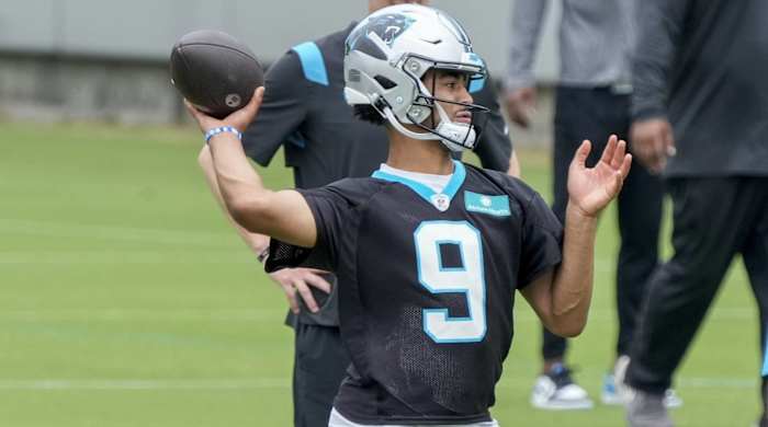 Panthers quarterback Bryce Young throws a pass in a practice at training camp.
