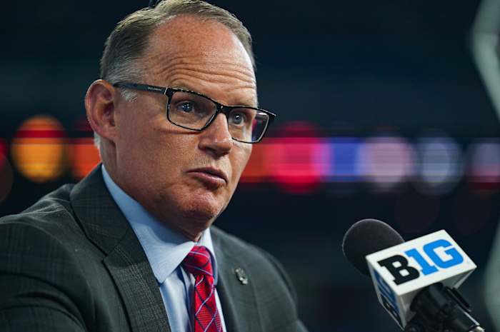 Indiana Hoosiers head coach Tom Allen speaks to the media during the Big 10 football media day at Lucas Oil Stadium.