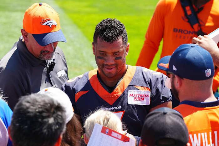 Denver Broncos quarterback Russell Wilson (3) following training camp the Centura Health Training Center.