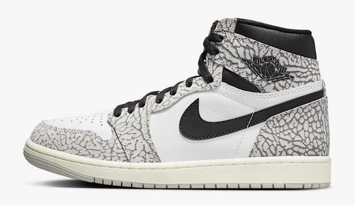 Side view of a black and white Air Jordan sneaker.