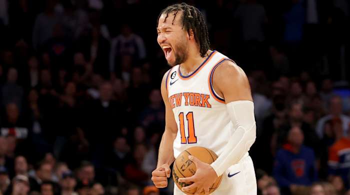 New York Knicks guard Jalen Brunson celebrates mid-game