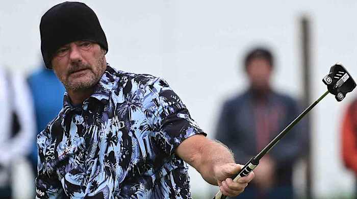 Alex Čejka reacts to a putt on the 18th green in the final round of the 2023 Senior British Open.