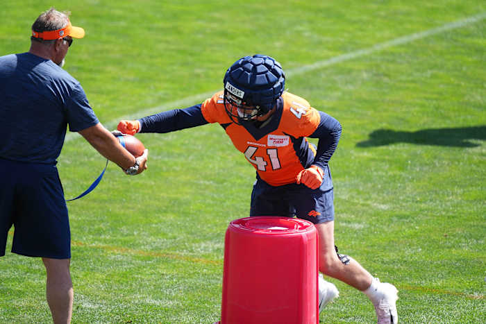 Denver Broncos linebacker Drew Sanders (41) during training camp drills at the Centura Health Training Center.