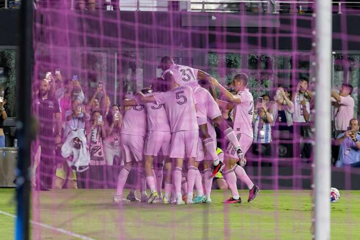 Inter Miami players pictured celebrating during a 3-1 win over Orlando City in August 2023
