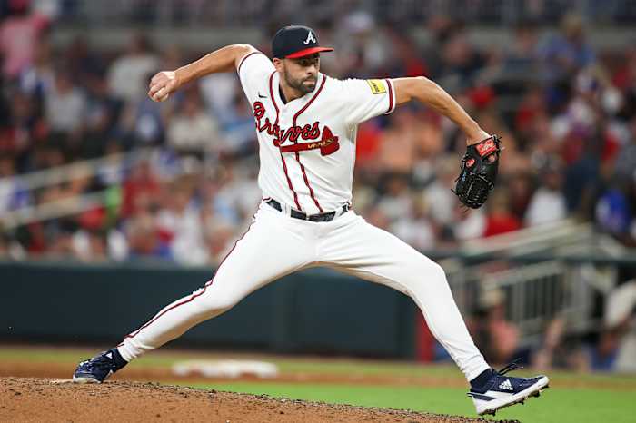 Jun 27, 2023; Atlanta, Georgia, USA; Atlanta Braves relief pitcher Ben Heller (71) throws against the Minnesota Twins in the ninth inning at Truist Park.