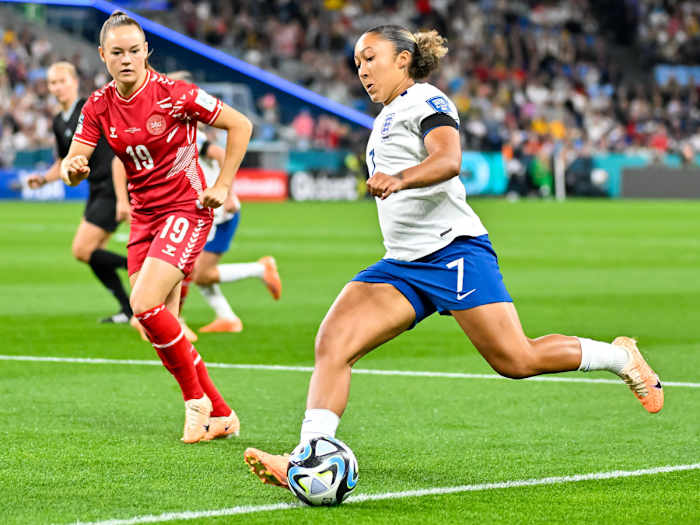 England's Lauren James attempts a shot against Denmark at the Women's World Cup.