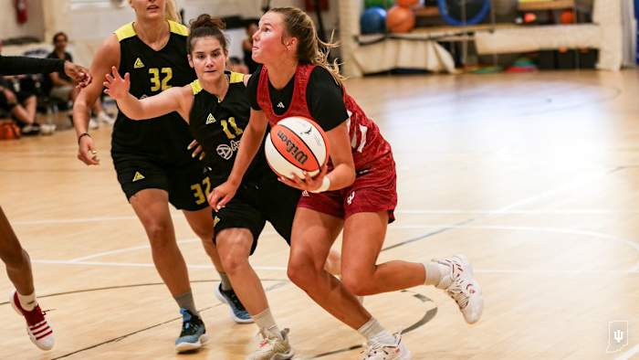 Indiana freshman Lenee Beaumont drives to the basket during the Hoosiers' 120-50 win over the Greek All-Stars on Thursday in Athens.