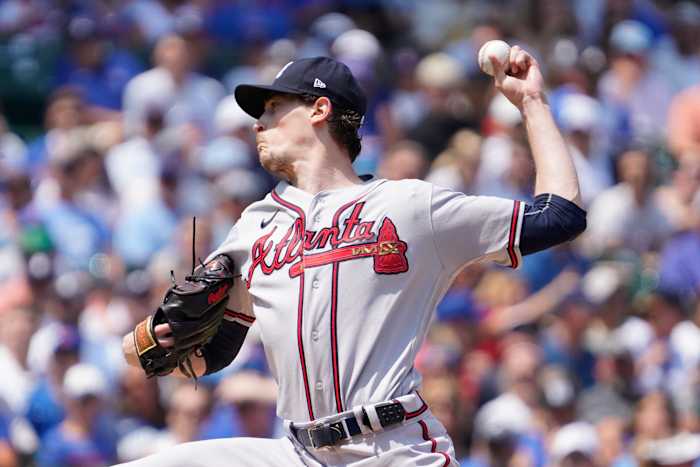 Aug 4, 2023; Chicago, Illinois, USA; Atlanta Braves starting pitcher Max Fried (54) throws the ball against the Chicago Cubs during the first inning at Wrigley Field.