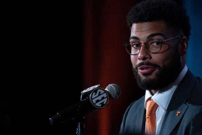 Tennessee TE Jacob Warren addressing reporters during SEC Media Days in Nashville, Tennessee, on July 20, 2023. (Photo by Denny Simmons of The Tennessean)