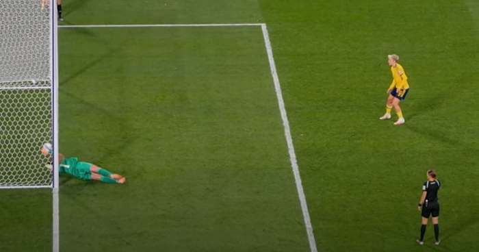 An image showing the moment Lina Hurtig's winning kick in Sweden's 5-4 shootout victory over the USA at the 2023 FIFA Women's World Cup crossed the line