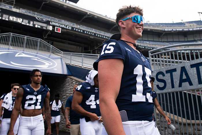 Penn State quarterback Drew Allar enters Beaver Stadium for the Nittany Lions' football media day.