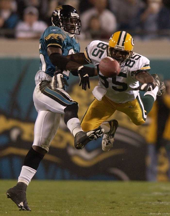 Jacksonville Jaguars defensive back Fernando Bryant defends a pass intended for Green Bay's Corey Bradford in 2018