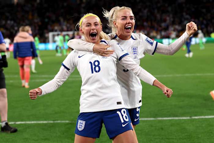 Chloe Kelly (no.18) and Alex Greenwood pictured celebrating after scoring penalty kicks in England's shootout victory over Nigeria at the 2023 FIFA Women's World Cup