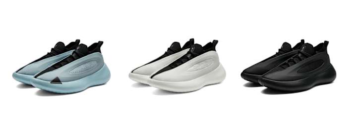 Side view of three Andrew Wiggins' Peak basketball shoes.