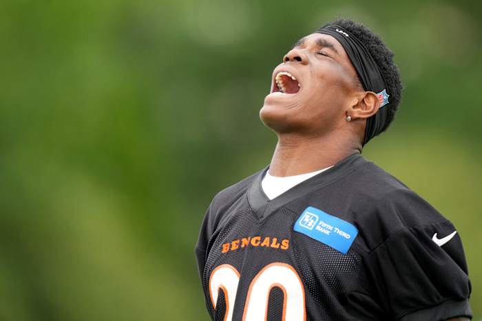 Cincinnati Bengals cornerback Cam Taylor-Britt (29) reacts to a defensive play during the team s training camp practice, Friday, July 28, 2023, in Cincinnati.