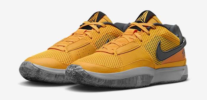 Side view of Ja Morant's yellow, grey, and black Nike shoes.