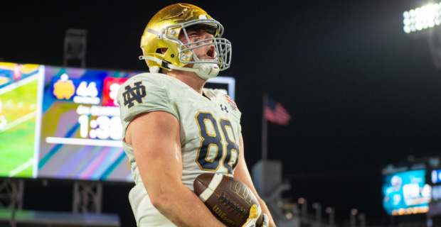 Notre Dame Fighting Irish tight end Mitchell Evans celebrates during a college football game.