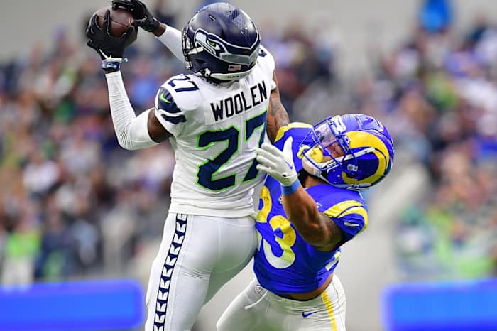 Seattle Riq Woolen had a league-leading six interceptions in 2022 as a rookie fifth-round pick.