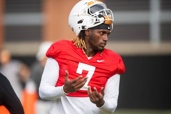 Tennessee QB Joe Milton III during fall camp in Knoxville, Tennessee, on August 7, 2023. (Photo by Brianna Paciorka of the News Sentinel)