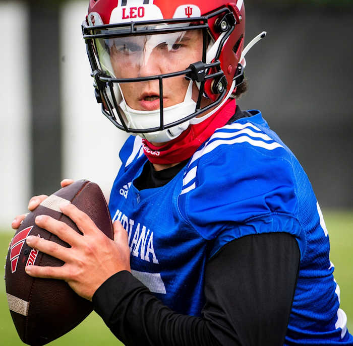 Indiana's Brendan Sorsby (15) does a drill during the first day of fall camp for Indiana football at their practice facilities on Wednesday, Aug. 2, 2023.
