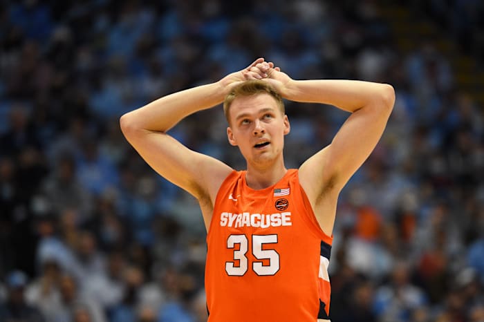 Syracuse Orange guard Buddy Boeheim (35) reacts in the second half at Dean E. Smith Center.