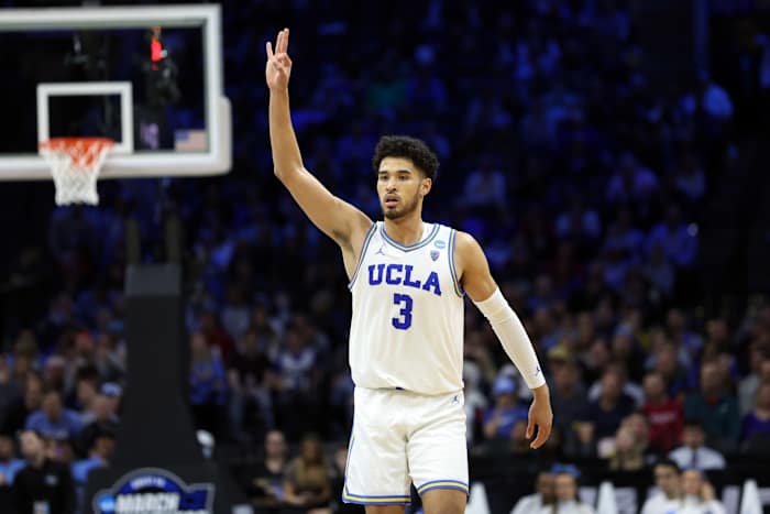 UCLA Bruins guard Johnny Juzang (3) reacts in the semifinals of the East regional of the men's college basketball NCAA Tournament.