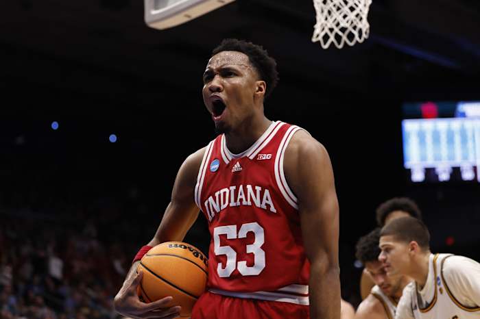 Indiana Hoosiers guard Tamar Bates (53) reacts to a play in the first half against the Wyoming Cowboys during the First Four of the 2022 NCAA Tournament at UD Arena. (Rick Osentoski-USA TODAY Sports)