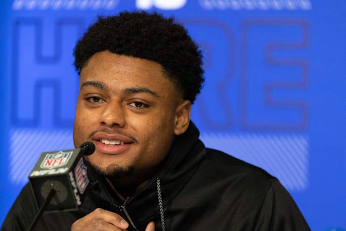 Mar 5, 2022; Indianapolis, IN, USA; Cincinnati defensive back Coby Bryant (DB06) talks to the media during the 2022 NFL Scouting Combine at Lucas Oil Stadium. Mandatory Credit: Trevor Ruszkowski-USA TODAY Sports