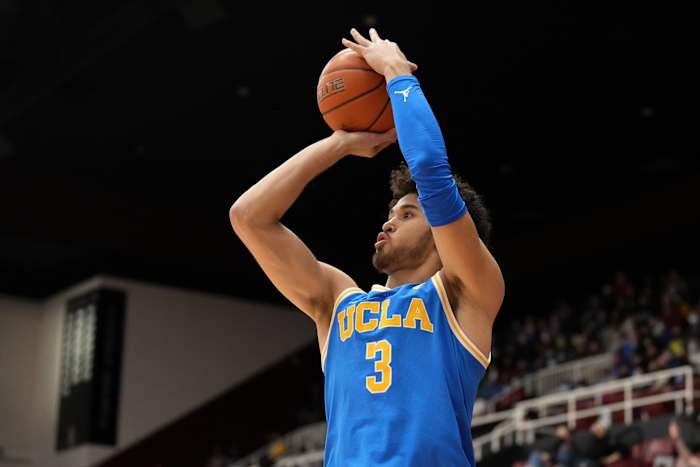 UCLA Bruins guard Johnny Juzang (3) shoots during the first half against the Stanford Cardinal at Maples Pavilion.