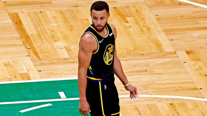 Golden State Warriors guard Stephen Curry (30) reacts during the fourth quarter against the Boston Celtics in game three of the 2022 NBA Finals.