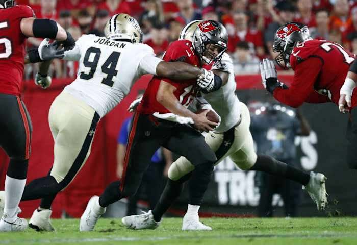 New Orleans Saints defensive end Cameron Jordan (94) sacks Buccaneers quarterback Tom Brady (12). Mandatory Credit: Kim Klement-USA TODAY