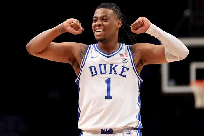 Duke Blue Devils guard Trevor Keels (1) reacts during the second half of the ACC Tournament semifinal game against the Miami Hurricanes at Barclays Center.