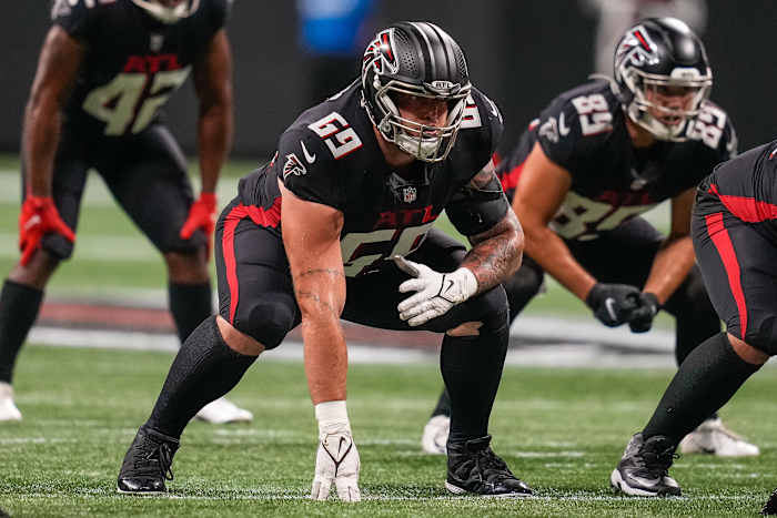Aug 29, 2021; Atlanta, Georgia, USA; Atlanta Falcons offensive tackle Jason Spriggs (69) in action at Mercedes-Benz Stadium. Mandatory Credit: Dale Zanine-USA TODAY Sports