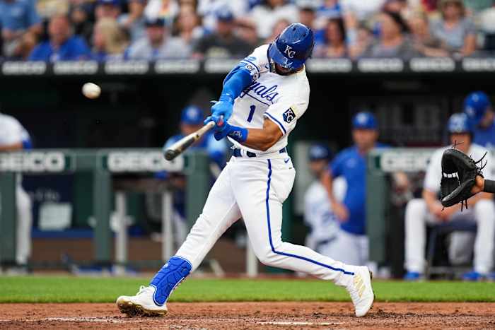 Jun 9, 2022; Kansas City, Missouri, USA; Kansas City Royals designated hitter MJ Melendez (1) hits a home run against the Baltimore Orioles during the third inning at Kauffman Stadium. Mandatory Credit: Jay Biggerstaff-USA TODAY Sports