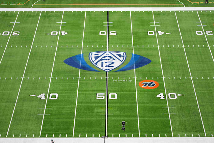 Dec 3, 2021; Las Vegas, NV, USA; A detailed view of the Pac-12 Conference logo at midfield at Allegiant Stadium before the 2021 Pac-12 Championship Game between the Oregon Ducks and the Utah Utes.