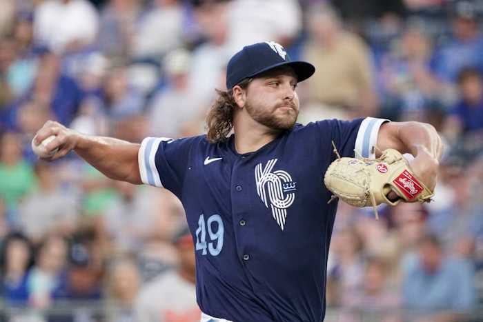 Jun 10, 2022; Kansas City, Missouri, USA; Kansas City Royals starting pitcher Jonathan Heasley (49) delivers a pitch against the Baltimore Orioles in the first inning at Kauffman Stadium. Mandatory Credit: Denny Medley-USA TODAY Sports