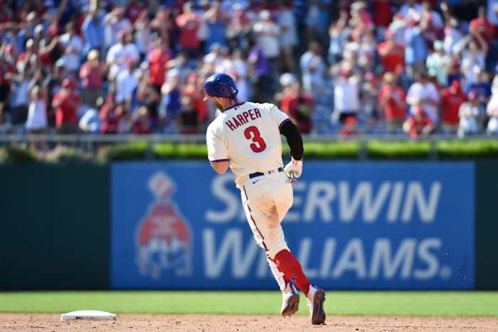 Bryce Harper rounds second base after hitting a home run against the Los Angeles Angels.