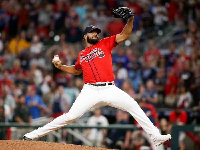Jun 10, 2022; Atlanta, Georgia, USA; Atlanta Braves relief pitcher Kenley Jansen (74) throws against the Pittsburgh Pirates in the ninth inning at Truist Park.