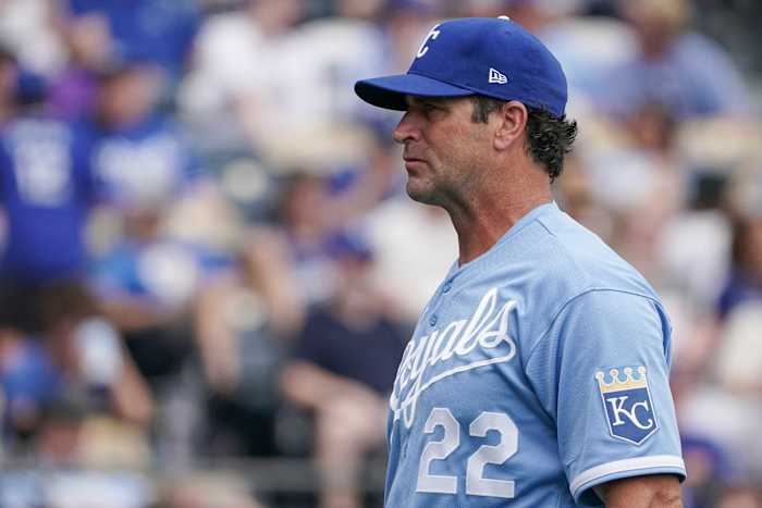 Jun 12, 2022; Kansas City, Missouri, USA; Kansas City Royals manager Mike Matheny (22) returns to the dugout against the Baltimore Orioles after a pitcher change in the fourth inning at Kauffman Stadium. Mandatory Credit: Denny Medley-USA TODAY Sports