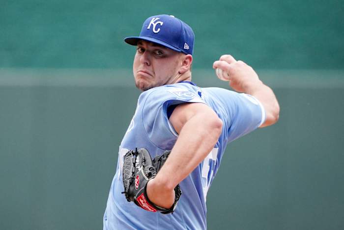 Jun 12, 2022; Kansas City, Missouri, USA; Kansas City Royals starting pitcher Brad Keller (56) throws a warm up pitch before the game against the Baltimore Orioles at Kauffman Stadium. Mandatory Credit: Denny Medley-USA TODAY Sports
