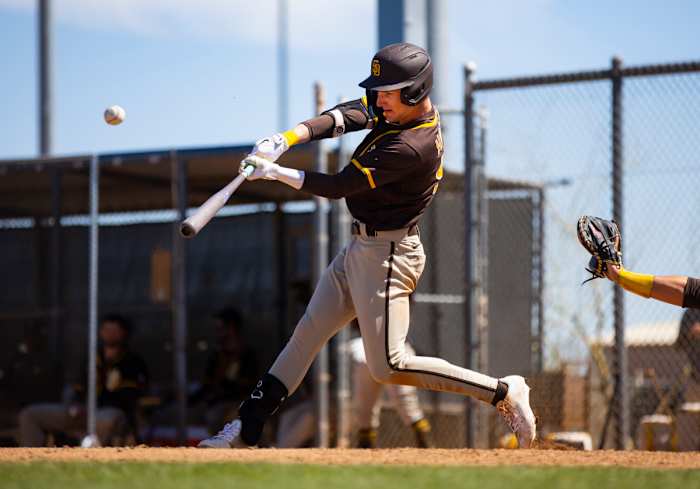 Mar 15, 2022; Peoria, AZ, USA; San Diego Padres outfielder Robert Hassell during spring training workouts at the San Diego Padres Spring Training Complex. Mandatory Credit: Mark J. Rebilas-USA TODAY Sports