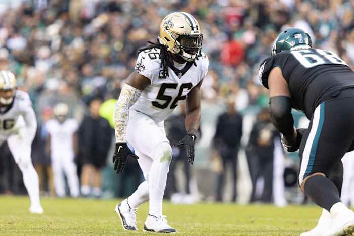 New Orleans Saints linebacker Demario Davis (56) in action against Philadelphia. Mandatory Credit: Bill Streicher-USA TODAY Sports